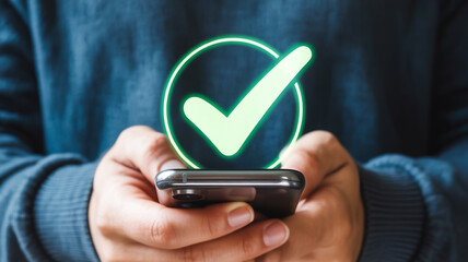 Mobile phone check mark success approval notification complete task done application confirmation 100