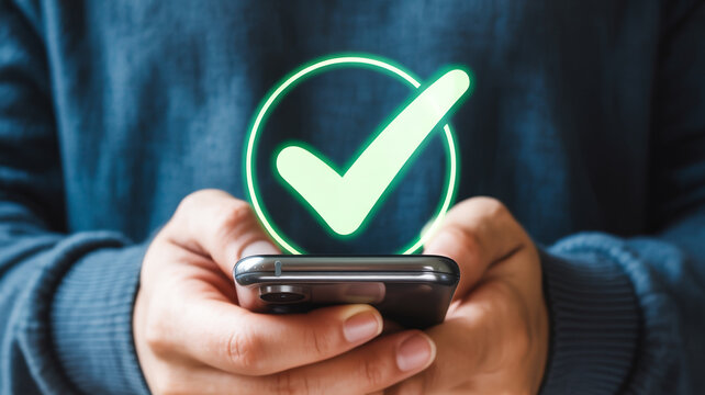 Mobile phone check mark success approval notification complete task done application confirmation 100