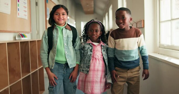 Children, friends and high five for greeting at school, support or education in elementary hallway. Kids, celebration and happy students with teamwork, cooperation or success for learning in corridor