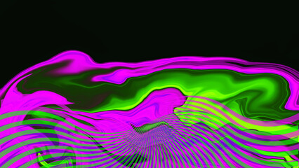 Neon green pink purple liquid line on black background. Abstract defocused wave. Glitch Art trippy digital screen. Backdrop. Royal banner. Template. Trippy texture. VR. metaverse. Electric Fuchsia.
