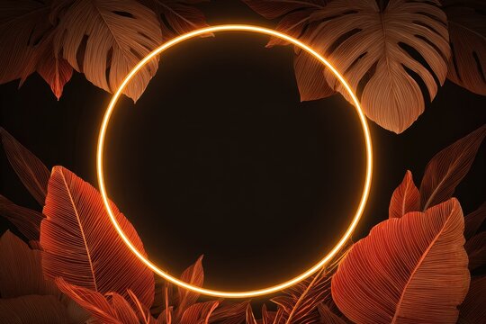 Vibrant photo of glowing orange neon circle frame surrounded by dark tropical leaves.