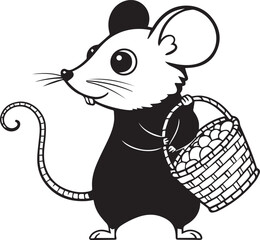 Black and White Cartoon Mouse Holding a Basket of Eggs rodent animal
