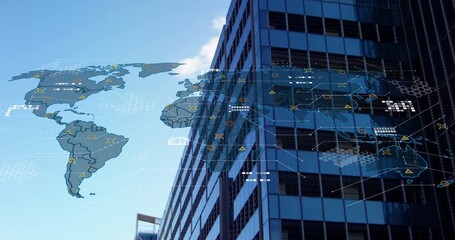 Data processing and world map over tall building against blue sky - Powered by Adobe