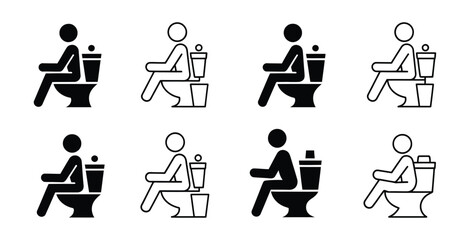 Black and white vector icon set of people sitting on toilet in different outline and solid styles