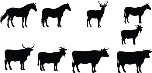Farm animal silhouettes set with horse, cow, goat, deer, bull, donkey, rural livestock icons for agriculture, farming, wildlife design.