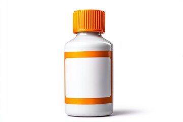 Fototapeta premium A white plastic bottle with a blank white label and an orange cap set against a white background