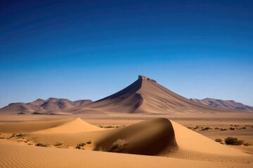 Desert mountain peak, sand dunes under brilliant sky