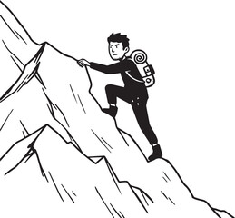 Black and white illustration of a man climbing a steep mountain adventure ascent