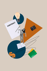 Image banner vertical art collage of happy businesswoman stand office supplies calculator count money light bulb paper contract