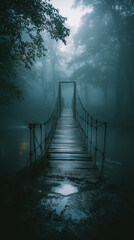 Obraz premium Foggy suspension bridge in mysterious forest during twilight 