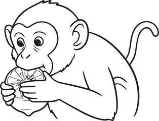 Black and white illustration of a monkey eating a slice of citrus fruit animal