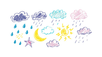 Hand drawn crayon weather elements clouds rain