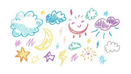 Hand drawn crayon weather elements drawing clouds
