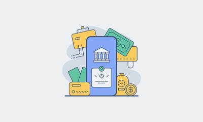 Fototapeta premium Flat design icon of digital bank app screen with mobile banking finance and money elements vector