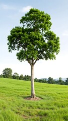 A solitary, vibrant tree stands tall in a vast expanse of lush, green grassland under a clear sky.