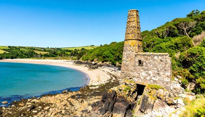 A picturesque coastal scene showcasing a tranquil beach, lush greenery, and a historic stone structure, bathed in bright sunlight.