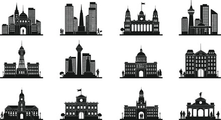 Obraz premium Silhouette city skyline and famous landmark buildings icons set, urban architecture, cityscape illustration, municipal structures, travel destinations, vector art