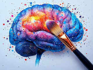 Abstract Blue and Pink Brain with Paintbrush and Colorful Splashes