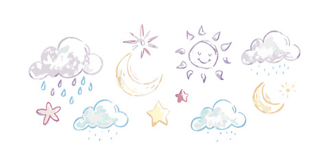 Hand drawn weather elements moon clouds