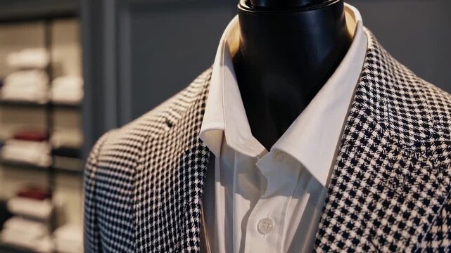 Close-up video of a mannequin in a stylish houndstooth blazer and white shirt, shot from a low angle, showcasing elegant fashion details.