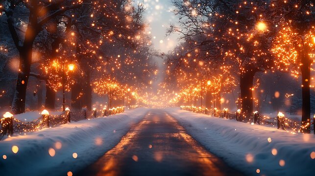 A magical winter road adorned with illuminated festive christmas lights photo