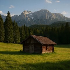 Obraz premium Wooden cabin in meadow with mountain forest