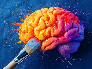 Colorful Brain Painted on Blue Canvas with Vibrant Brushstrokes