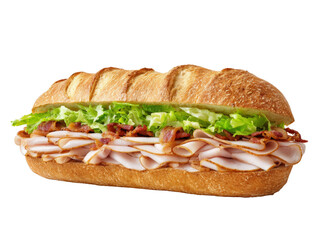 Delicious sub sandwich with turkey, bacon and lettuce isolated on transparent setting