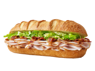 Delicious sub sandwich with turkey, bacon and lettuce isolated on transparent setting