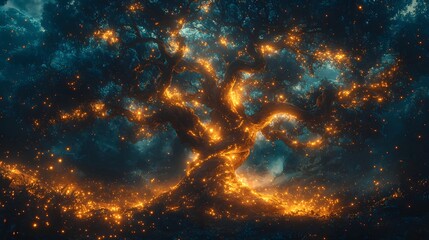 A majestic ancient tree radiates mystical golden orange light illuminating an enchanted forest at night creating a breathtaking and magical fantasy
