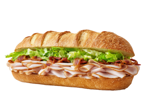 Delicious sub sandwich with turkey, bacon and lettuce isolated on transparent setting