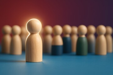 Standing out from the crowd, an empowered wooden leader glows with creative inspiration, symbolizing unique potential and visionary leadership within the group.