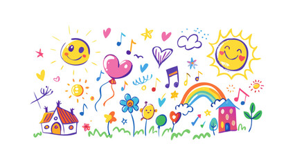 Happy doodle art with suns and houses colorful heart
