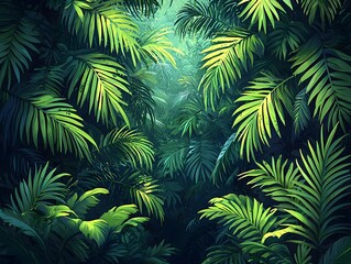 Lush green tropical jungle foliage creates a vibrant and immersive natural background with soft ethereal light filtering through the dense canopy