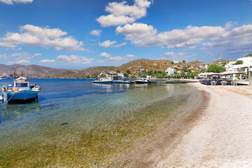 The beach and village of Grikos in Patmos, Greece