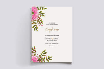 Fototapeta premium WEDDING INVITATION FRAME WITH FLOWER DECORATIONS AND FRESH LEAVES