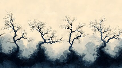 Fototapeta premium Abstract illust n featuring a serene winter landscape with dark bare tree silhouettes emerging from misty blue fog against a light textured sky