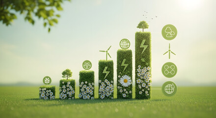 Eco-inspired data visualization, bar charts made of trees and flowers, renewable energy icons, soft natural light, green aesthetic, symbolic environmental infographic