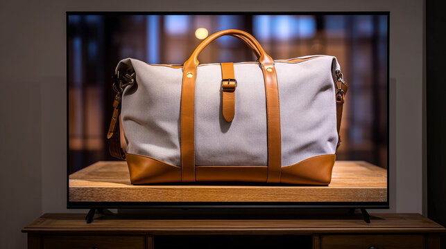 A brown and tan bag is on a wooden table - Powered by Adobe