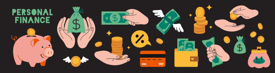 Obraz premium Personal finance concept with money, coins, credit cards, piggy bank and hands holding cash. Trendy modern vector illustration on black background, hand drawn, flat design