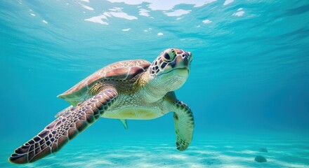 Obraz premium Sea turtle swimming gracefully in clear blue ocean water over sandy seabed