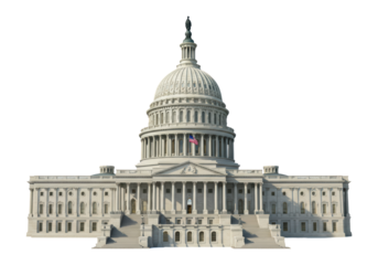 Isolated US Capitol Building front view with the American flag waving on the dome