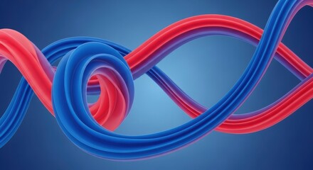 Abstract swirling strands of red and blue against a gradient blue background