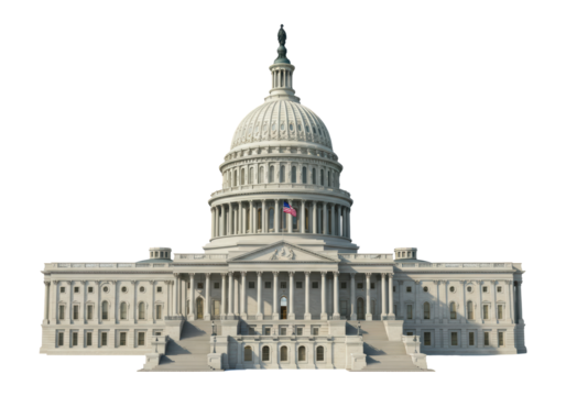 Isolated US Capitol Building front view with the American flag waving on the dome