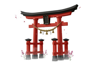 Isolated Japanese Torii Gate, a traditional Shinto shrine entrance in red and black colors