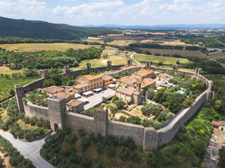 Fototapeta premium Panoramic aerial view of the medieval town of Monteriggioni. Siena province, Tuscany italy