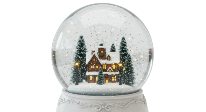 Charming snow globe with winter village scene.