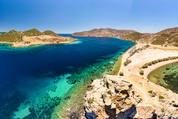 Petra Beach and Tragonisi Islet in Patmos, Greece