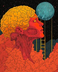Red Skinned Figure with Exposed Brain Gazing at Blue Moon