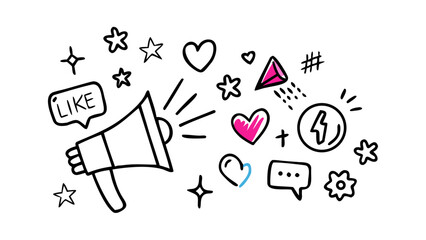 Pink heart and blue comma doodle with pink cone social media